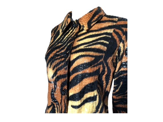 Embossed Tiger Print Coat, Animal Print Faux Leat… - image 3