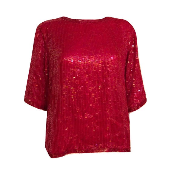 Vintage 80's Pink Sequin Top, Silk Top - image 1