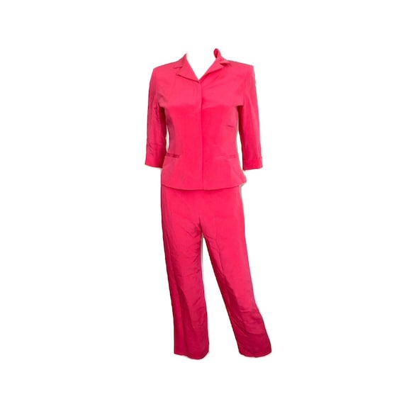 Vintage Hot Pink Silk Suit, Vintage Silk Suit, Pin