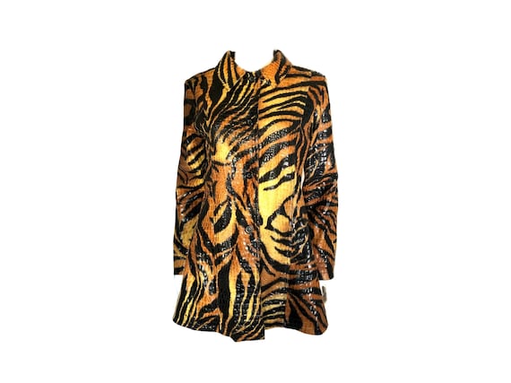 Embossed Tiger Print Coat, Animal Print Faux Leat… - image 1