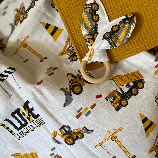 READY TO SHIP| construction blanket, waffle baby blanket, dump truck stroller blanket, yellow waffle Blanket, personalized blanket