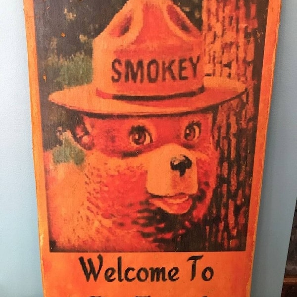 Smokey the Bear Sign Vintage Retro Wood Decor Log Cabin Mountain Man Cave Camping Forest Ranger Lake House Rental Gift Hiking