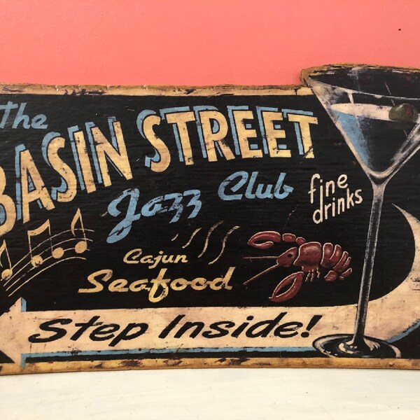 Vintage Jazz Club wood sign, Retro Music Cajun New Orleans Louisiana Louie Armstrong Miles Davis Piano