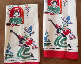 Pair of vintage Broderie Creations hand towels - Mariachi serenade vibrant colors