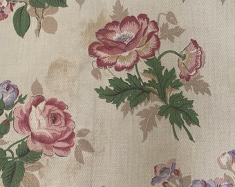 Vintage Floral Fabric Remnant: Red & Pink Bouquet on Beige