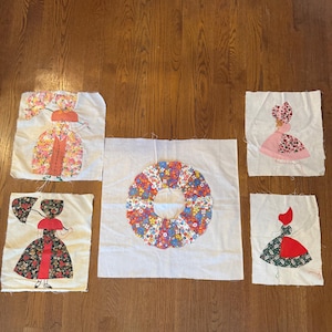 5 Vintage quilt blocks - 4 ladies and Dresden plate