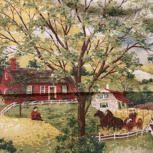 Vintage fabric remnant panel - farm scene