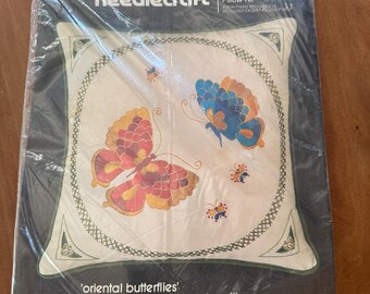 Vintage BUCILLA needle craft complete pillow kit -  oriental butterflies no 48714