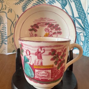 Faith Hope and Charity pink lustreware  teacup and saucer