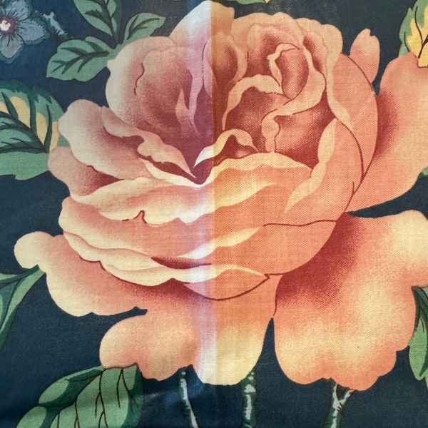 Vintage fabric remnant -floral chintz blue background