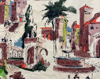 Vintage Barkcloth Remnants - MC European city scene