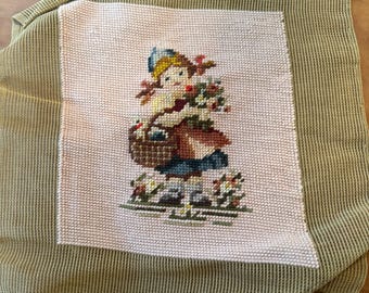 Vintage needlepoint panel - little girl with basket