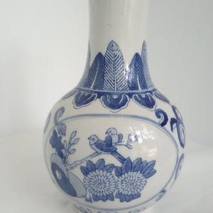 Vintage Blue & White Bird on Branch Porcelain Mid 20th Century Chinese  Baluster Vase.