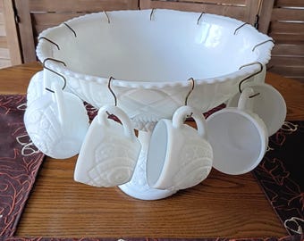 Vintage Mckee Milk Glass “The Concord” Punch Bowl Set.