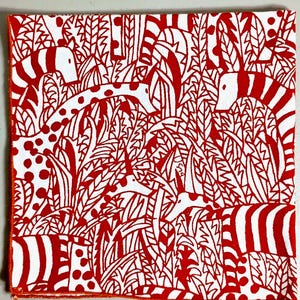 May include: Square white fabric with a red jungle-themed pattern. The design features stylized zebras, giraffes, and foliage. The fabric has a red border.