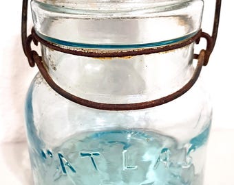 Vintage Atlas E-Z Seal Blue Glass Canning Jar, Wire Clamp and