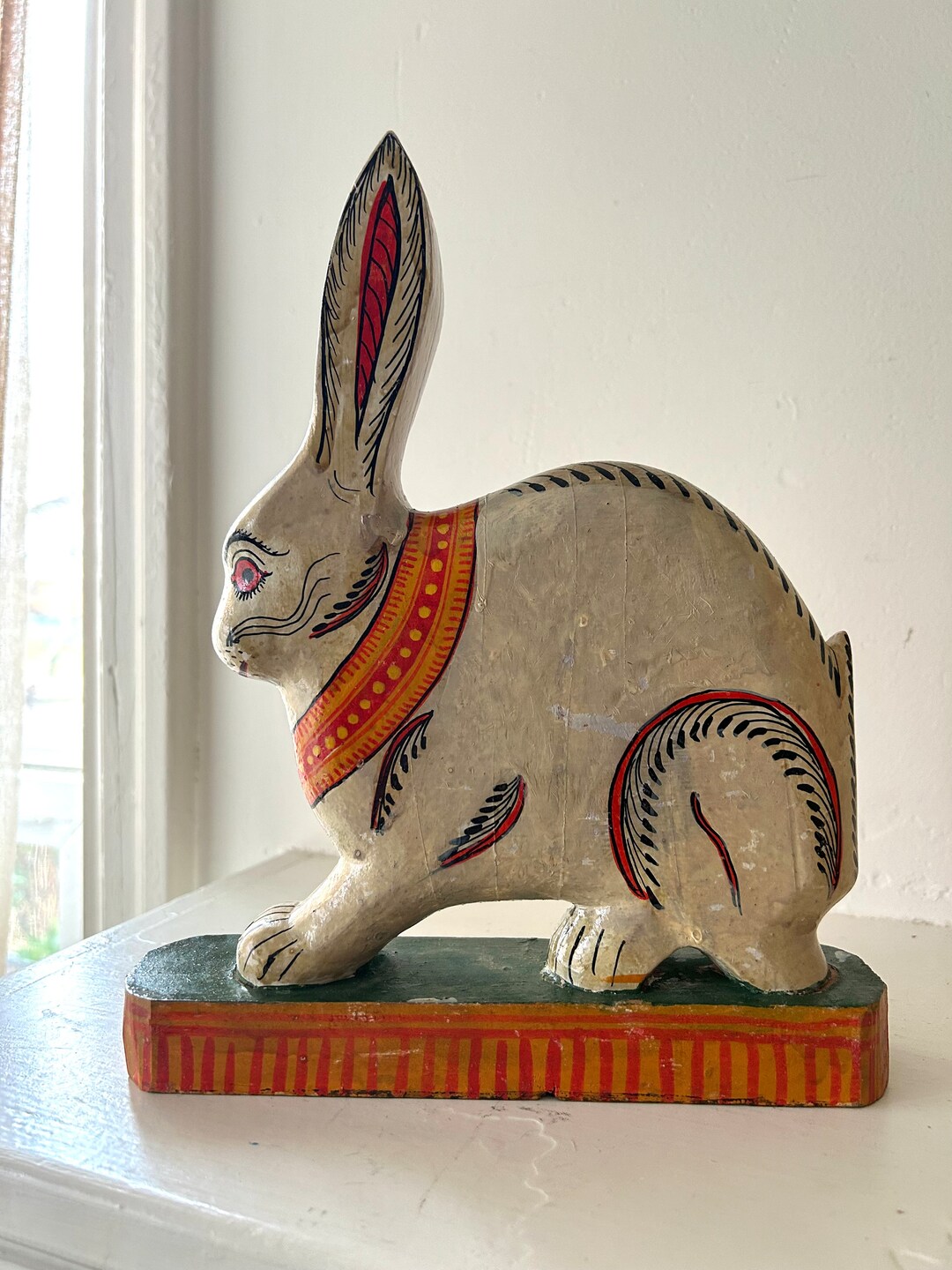 Vintage Carved and Painted Wooden White Rabbit. Made in India. Etsy