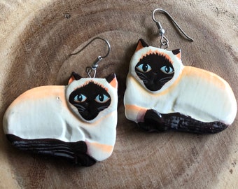 wooden siamese cat earrings