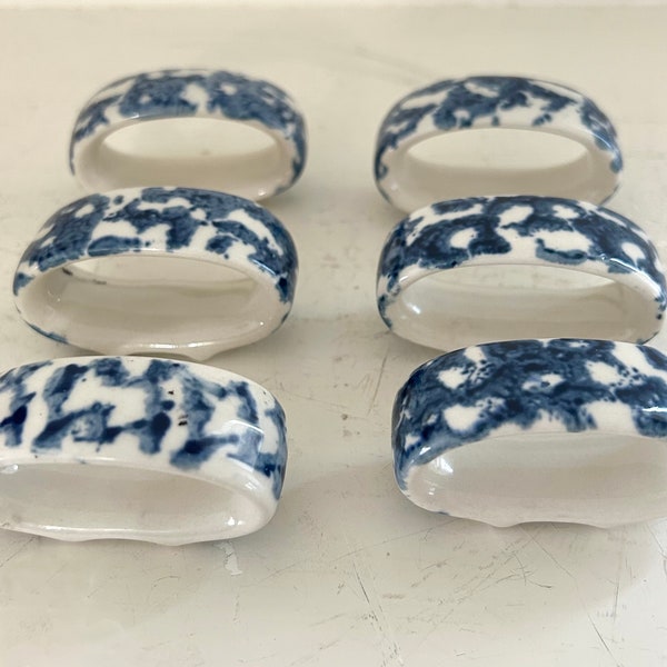 Vintage Blue and White Sponge Ware Ceramic Napkin Rings. Set of six. Cottage Core. Farm Kitchen.