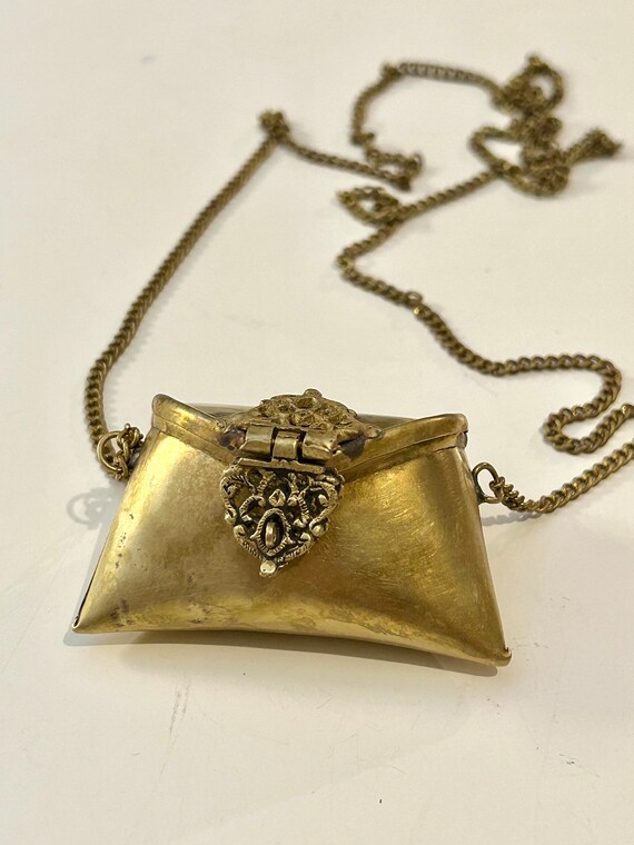 Vintage Brass Pocket Pillow Purse Locket Necklace… - image 1