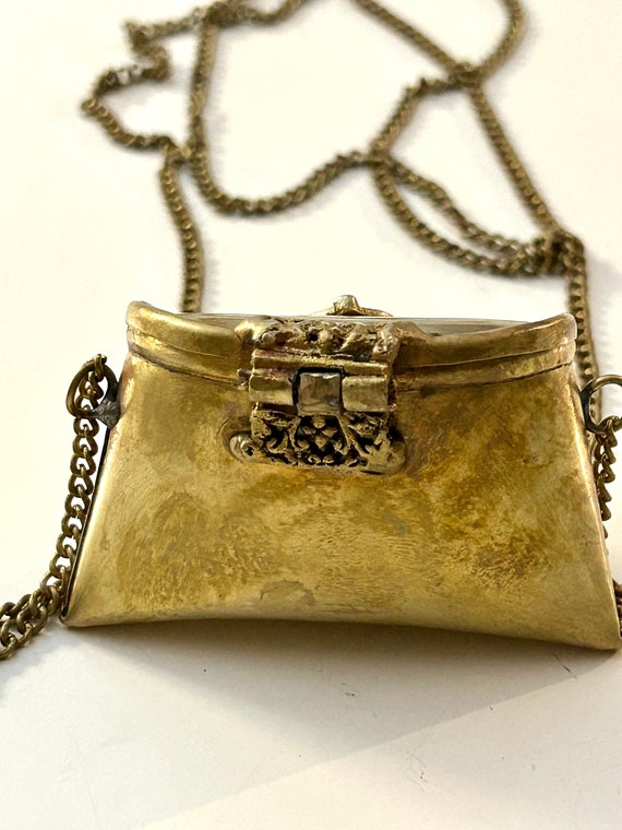 Vintage Brass Pocket Pillow Purse Locket Necklace… - image 2