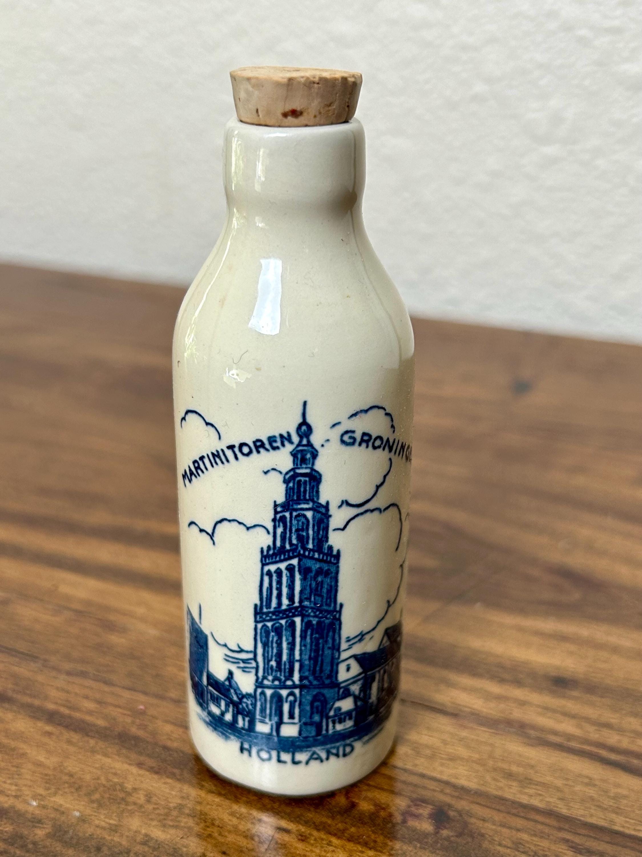 Vintage Ceramic Blue and White Mini Bottle Holland Distilleries . Rynbende Delft Church Bottle 1977