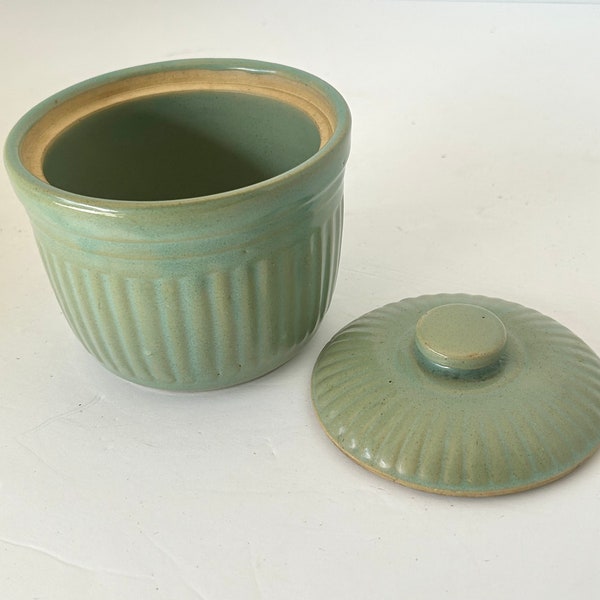 Vintage Green USA Ribbed Stoneware Crock, Bowl, Jar with lid.