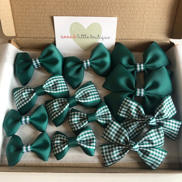 Gingham school girls hair bow bundle, green, blue, yellow, red, pink, burgundy, grey, purple