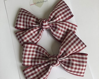 Gingham school hair bows 3” burgundy, green, yellow, red, blue, purple