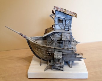 Casa de navio de madeira antiga em miniatura, decoração de madeira, casa em miniatura, decoração de casa, ideia de presente, arte artesanal, navio, visual vintage,