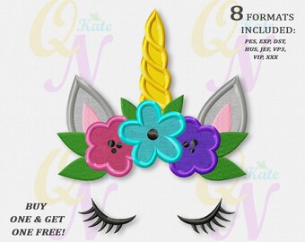 BOGO FREE! Unicorn face applique embroidery design, Floral Machine Embroidery Design, Flower Crown applique Embroidery Designs, #109