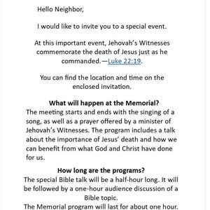 Carta de los testigos de Jehová para el Memorial