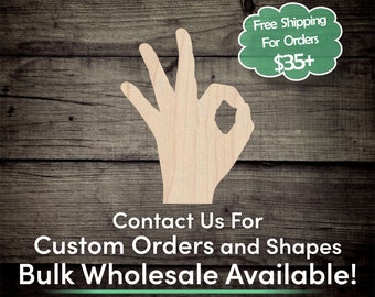 Ok Hand Unfinished Wood Cutout Shape - Laser Cut DIY Craft Bulk Wholesale Pricing Engraved