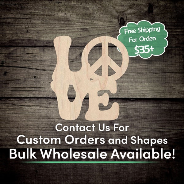 Love Peace Sign Unfinished Wood Cutout Shape - Laser Cut DIY Craft Bulk Wholesale Pricing Engraved