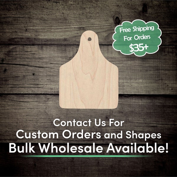 Cow Ear Tag Unfinished Wood Cutout Shape - Laser Cut DIY Craft Bulk Wholesale Pricing Engraved