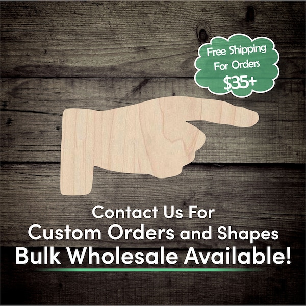 Hand Pointing Direction Unfinished Wood Cutout Shape - Laser Cut DIY Craft Engraved