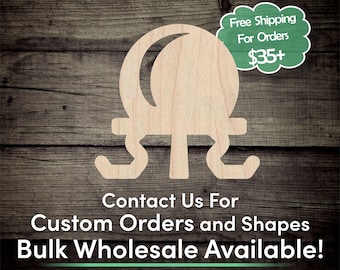 Könnte beinhalten: Holzausschnitt einer runden Kugel mit drei Haken, die an der Unterseite befestigt sind. Der Text "Contact Us For Custom Orders and Shapes Bulk Wholesale Available!" befindet sich unterhalb des Ausschnitts.