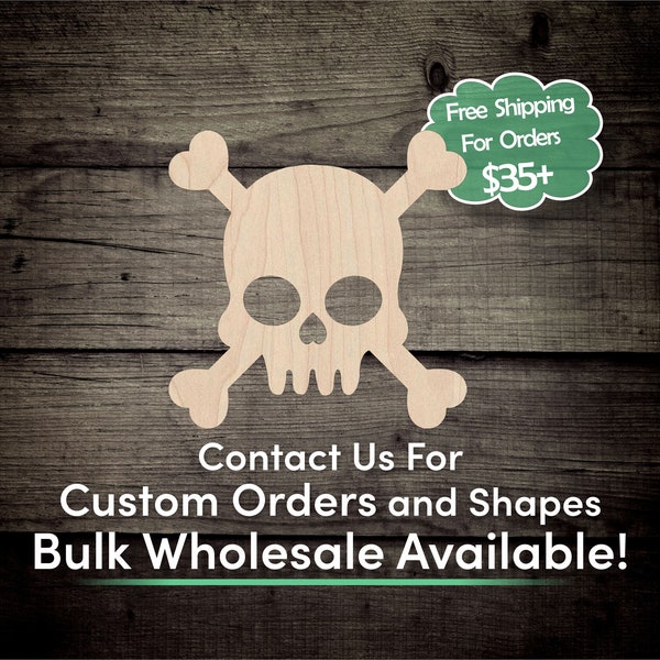 Skull and Crossbones Unfinished Wood Cutout Shape - Laser Cut DIY Craft Bulk Wholesale Pricing Engraved