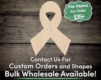 May include: A wooden cutout of a ribbon in the shape of a bow. The ribbon is light brown and has a natural wood grain. The background is a rustic wooden surface. The text "Free Shipping For Orders $35+" is in a green speech bubble. The text "Contact Us For Custom Orders and Shapes Bulk Wholesale Available!" is in white text on a black background.