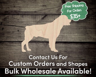 May include: A wooden cutout of a dog, possibly a Rottweiler, standing on a woodgrain background. The cutout is light brown and has a simple, silhouette-like design. Text above the dog reads "Free Shipping For Orders $35+". Text below the dog reads "Contact Us For Custom Orders and Shapes Bulk Wholesale Available!"