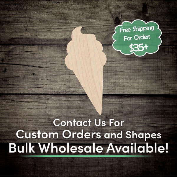 Ice Cream Cone Unfinished Wood Cutout Shape - Laser Cut DIY Craft Bulk Wholesale Pricing Engraved