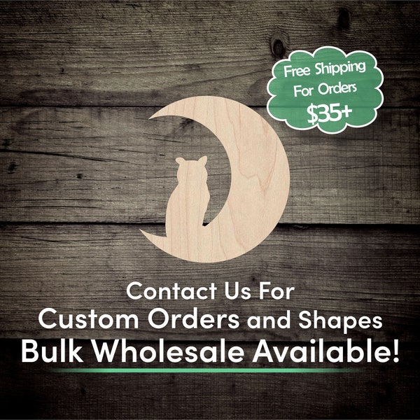 Moon With Owl Unfinished Wood Cutout Shape - Laser Cut DIY Craft Bulk Wholesale Pricing Engraved