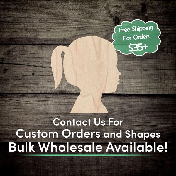 Woman Girl Head Silhouette Unfinished Wood Cutout Shape - Laser Cut DIY Craft Bulk Wholesale Pricing Engraved