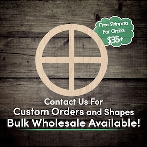 May include: A wooden circle with a cross design, perfect for crafting and home decor.  Free shipping for orders over $35. Contact us for custom orders and shapes. Bulk wholesale available.