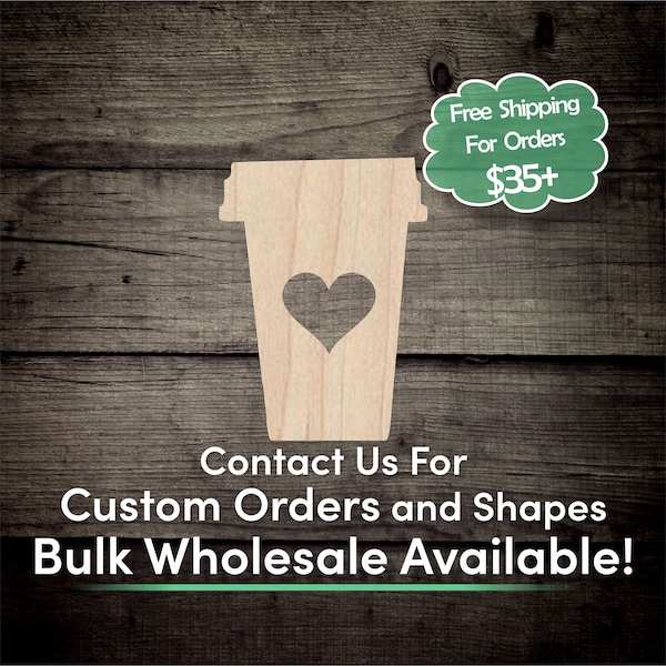 To Go Coffee Cup Heart Unfinished Wood Cutout Shape - Laser Cut DIY Craft Bulk Wholesale Pricing Engraved