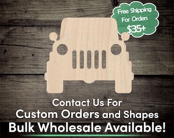 May include: Wooden cutout of a Jeep in front of a woodgrain background. The text "Free Shipping For Orders $35+" is in a speech bubble above the Jeep. The text "Contact Us For Custom Orders and Shapes Bulk Wholesale Available!" is below the Jeep.