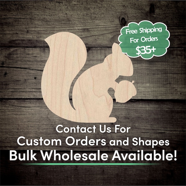 Squirrel with Nut Unfinished Wood Cutout Shape- Laser Cut DIY Craft Bulk Wholesale Pricing Engraved