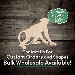 May include: A wooden monkey cutout in a walking pose. The monkey is light brown and has a long tail. The image includes the text "Contact Us For Custom Orders and Shapes Bulk Wholesale Available!"