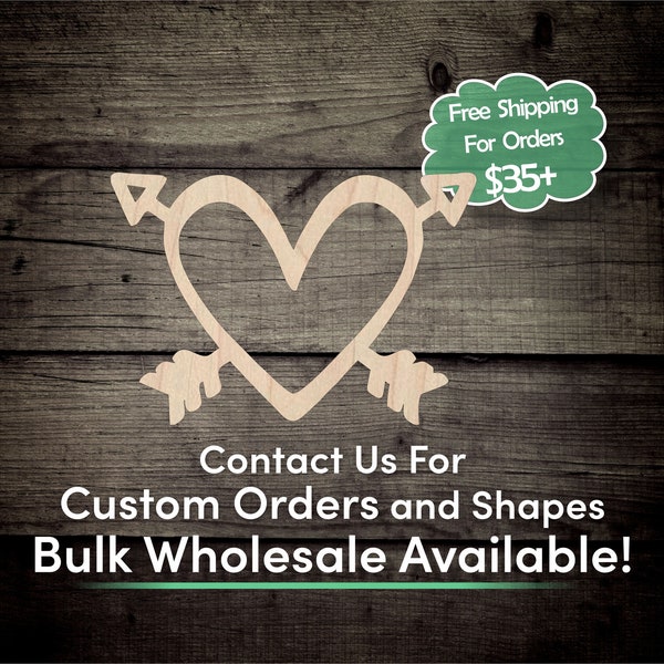 Double Arrow Tribal Heart Outline Unfinished Wood Cutout Shape- Laser Cut DIY Craft Bulk Wholesale Pricing Engraved