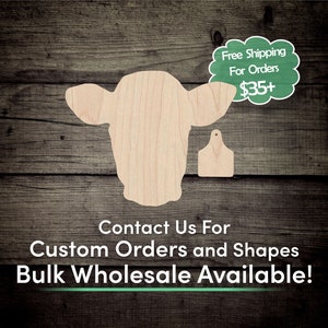 Cow Head and Tag Unfinished Wood Cutout Shape - Laser Cut DIY Craft Bulk Wholesale Pricing Engraved
